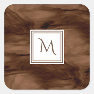 Simple Dark Brown Subtle Marble Modern Monogram Square Sticker