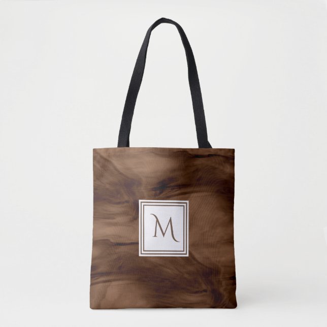 Simple Dark Brown Subtle Marble Modern Monogram Tote Bag (Front)