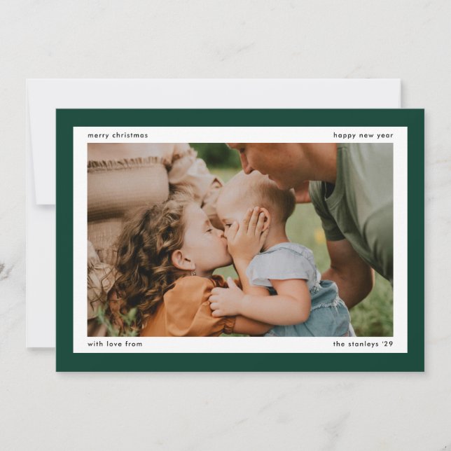 Simple Dark Green Bold Border 2 Large Photos Holiday Card (Front)