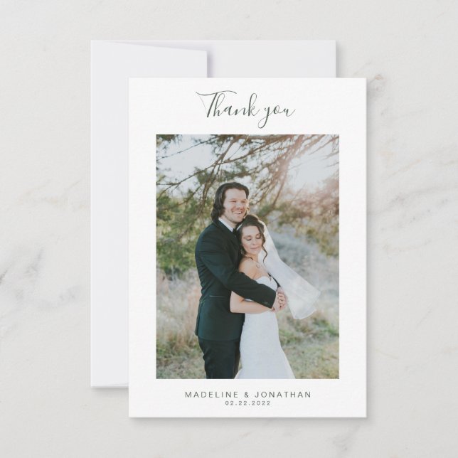Simple Dark Green Elegant Script Photo Wedding  Thank You Card (Front)