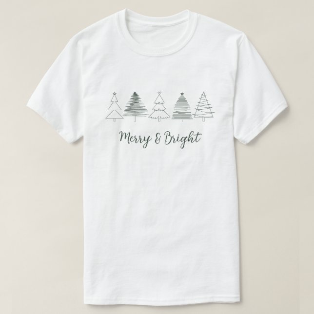 Simple Dark Green Merry and Bright Christmas tree T-Shirt (Design Front)