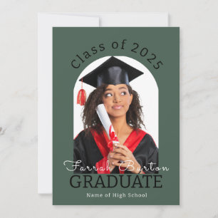 Simple Dark Green Moody Arched Photo Graduation Announcement