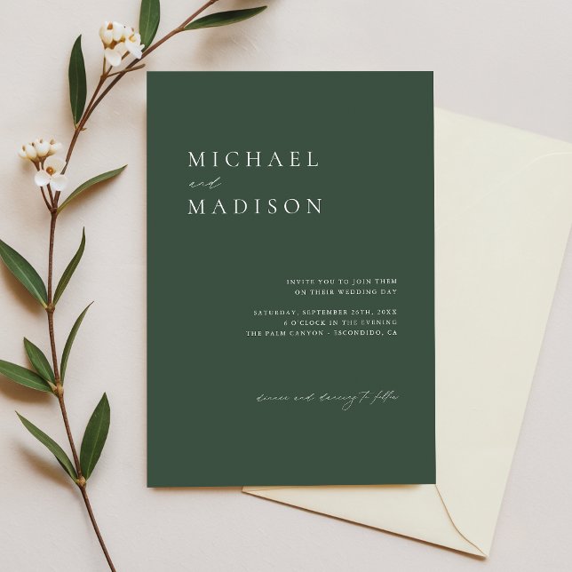 Simple Dark Green Moss Scandi Minimalist Wedding Invitation (Creator Uploaded)