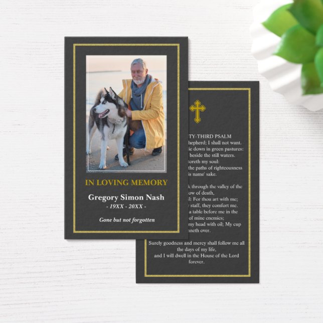 Simple Dark Grey Gold Photo Funeral Card (Desk)