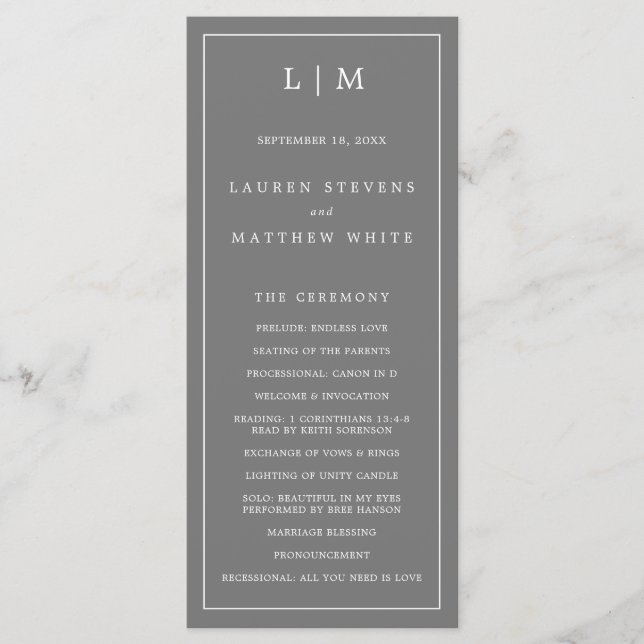 Simple Dark Grey Monogram Elegant Wedding Programme (Front)