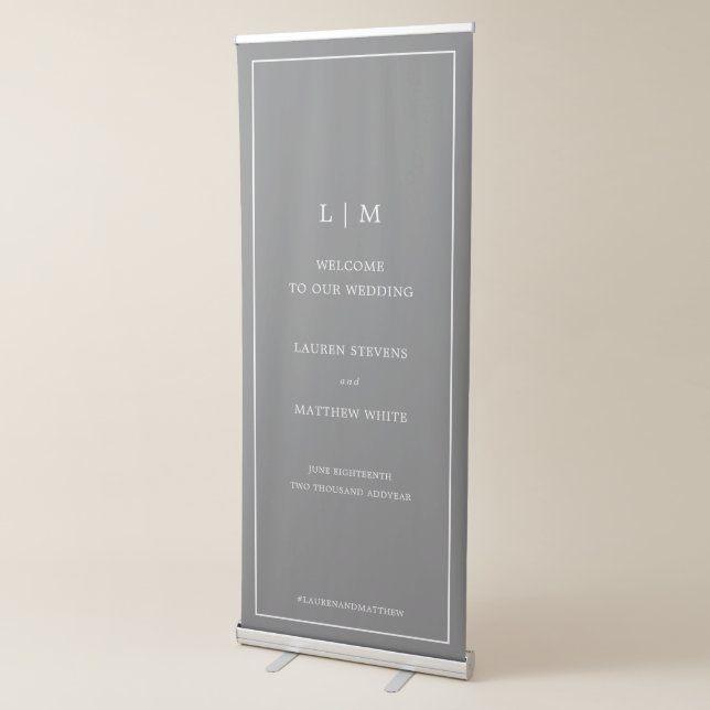 Simple Dark Grey Monogram Elegant Wedding Retractable Banner (3/4)