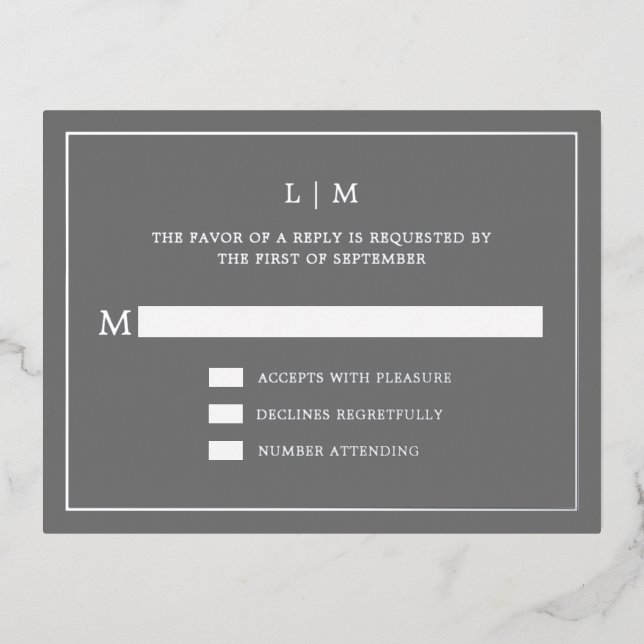 Simple Dark Grey Monogram Elegant Wedding RSVP Foil Invitation Postcard (Front)