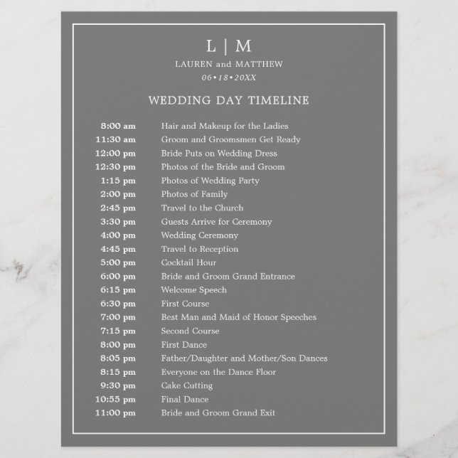 Simple Dark Grey Monogram Elegant Wedding Timeline (Front)