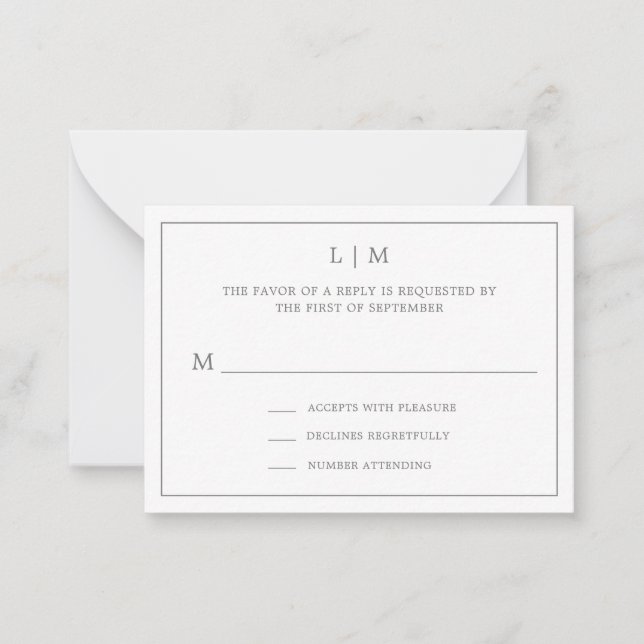 Simple Dark Grey Monogram Mini Wedding RSVP Card (Front)