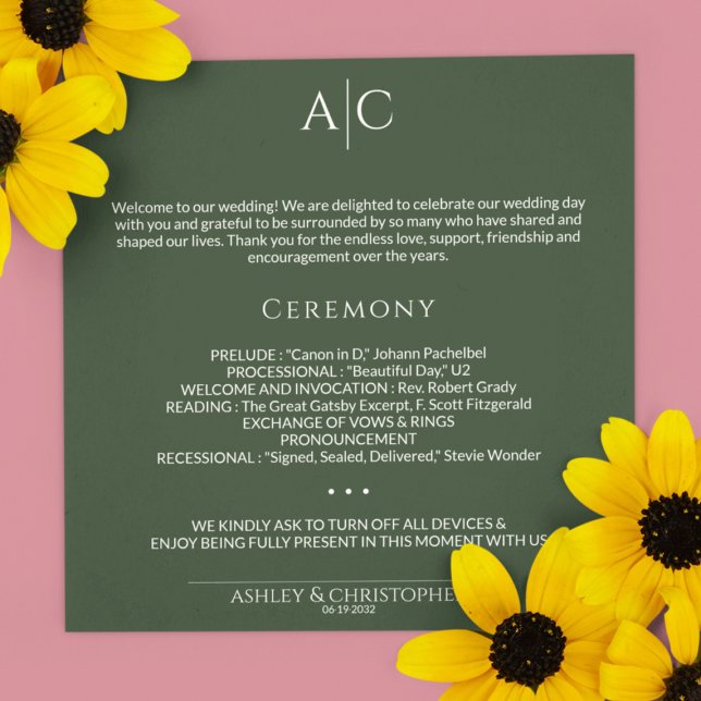 Simple Dark Moss Green Monogram Wedding Ceremony Programme (Creator Uploaded)