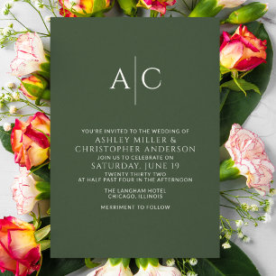 Simple Dark Moss Green Monogram Wedding Invitation