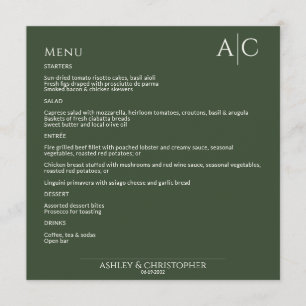 Simple Dark Moss Green Monogram Wedding Reception Menu