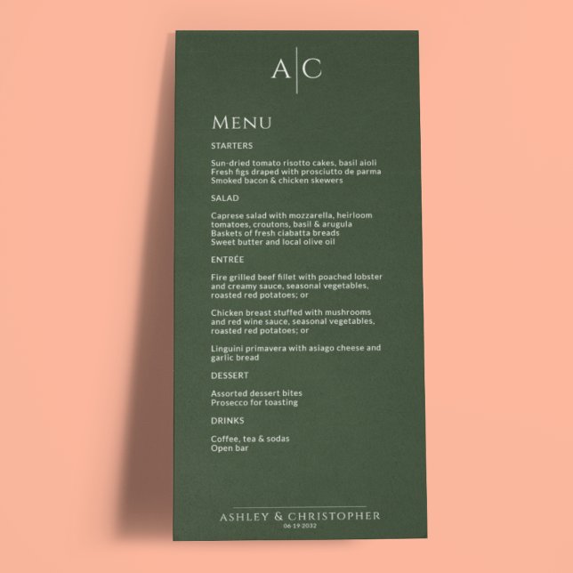 Simple Dark Moss Green Monogram Wedding Reception Menu (Creator Uploaded)