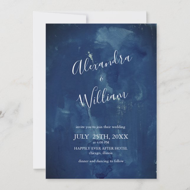 Simple Dark Navy Blue Watercolor Invitation (Front)