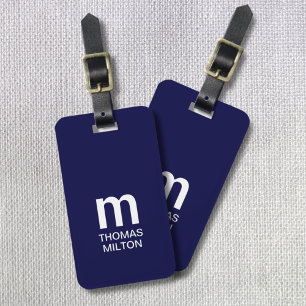 Simple Dark Navy Blue White Bold Monogram Luggage Tag