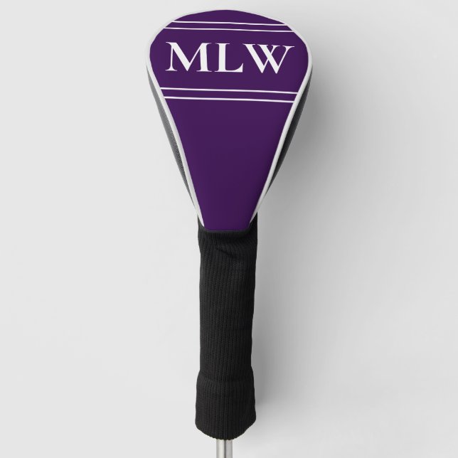 Simple Dark Purple and White Monogram Golf Head Cover (Front)