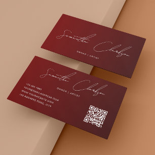 Simple Dark Red Modern Handwritten Script QR code Business Card
