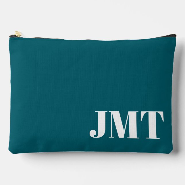 Simple Dark Teal and White Monogram Accessory Pouch (Front)