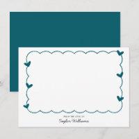 Simple Dark Teal Blue Wavy Border Heart Stationery
