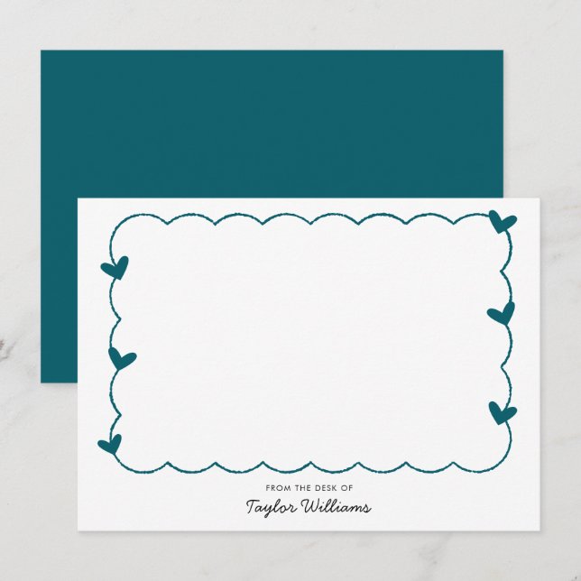Simple Dark Teal Blue Wavy Border Heart Stationery Card (Front/Back)