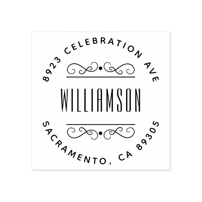 Simple Deco Family Name Round Return Address Rubber Stamp (Imprint)