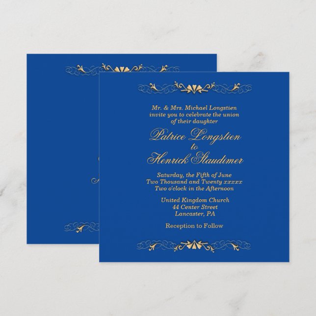 Simple Deep Blue and Gold Wedding Invitation (Front/Back)