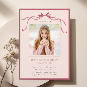Simple Deep Blush Bow Graduation Party Photo Pink Invitation