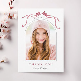 Simple Deep Blush Bow Graduation Photo Thank You Card