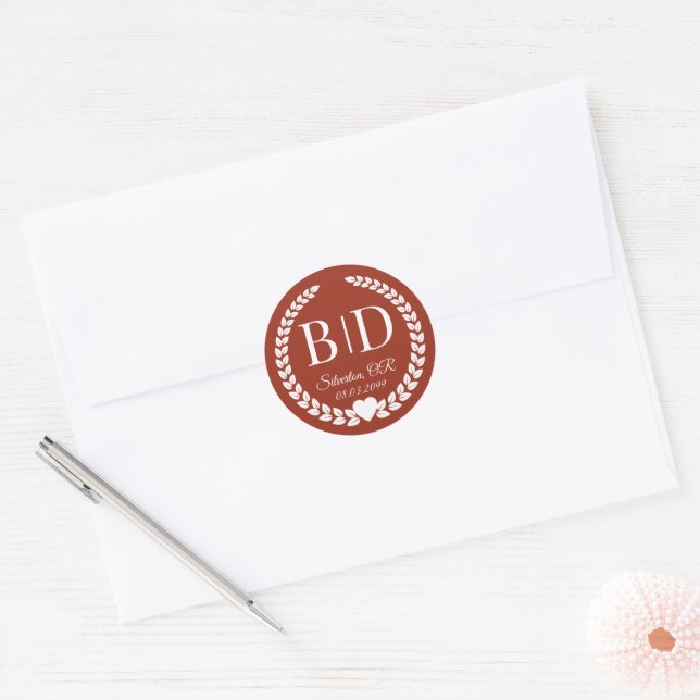 Simple Deep Burnt Sienna Monogram Wedding Classic Round Sticker (Envelope)