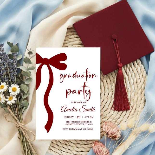 Simple  Deep Red Bow graduation party invitation (Creator Uploaded)