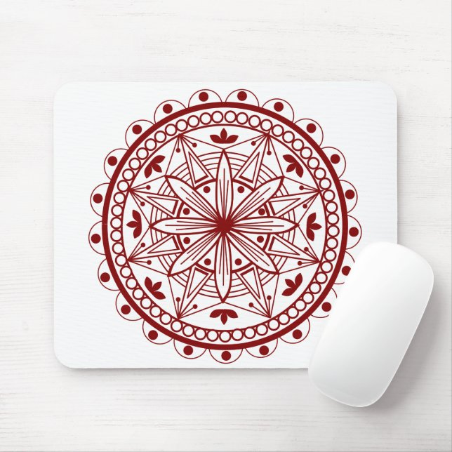 Simple Deep Red Mandala Mouse Mat (With Mouse)