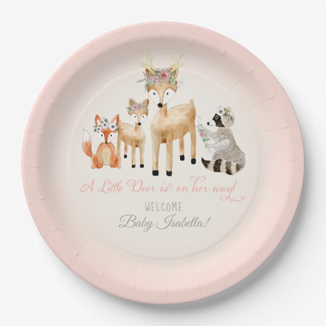 Simple Deer Antler Woodland Animals Baby Girl Paper Plate (Front)