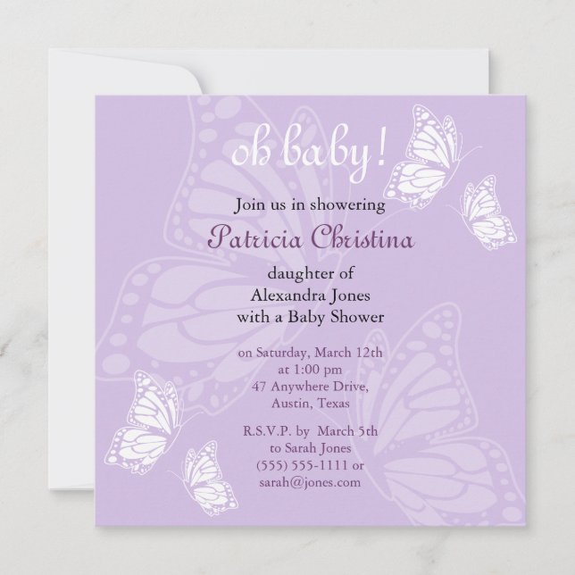 Simple Delicate Butterfly Purple Baby Shower Party Invitation (Front)