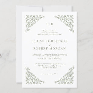 Simple Delicate Floral  QR code Sage Green Wedding Invitation