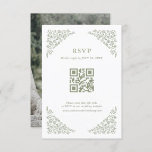 Simple Delicate Floral Sage Green QR Code Photo RSVP Card