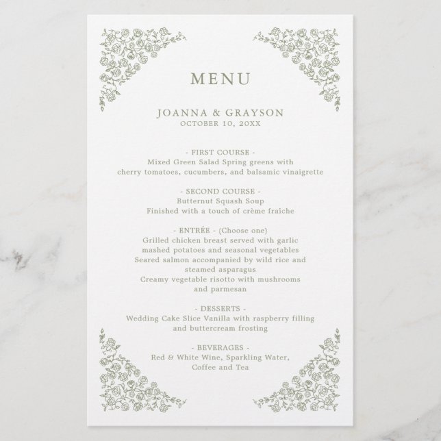Simple Delicate Floral Sage Green Wedding Menu (Front)