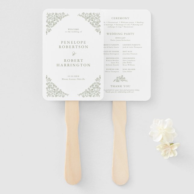 Simple Delicate Floral Sage Green Wedding Program Hand Fan (Front and Back)