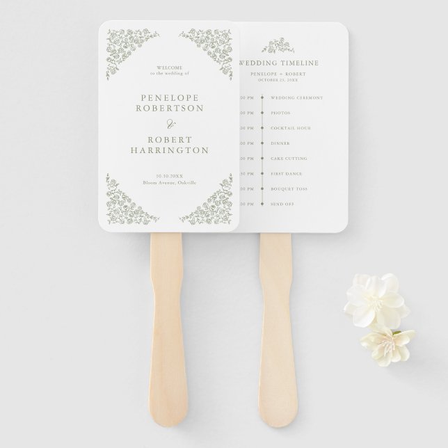 Simple Delicate Floral Sage Green Wedding Timeline Hand Fan (Front and Back)