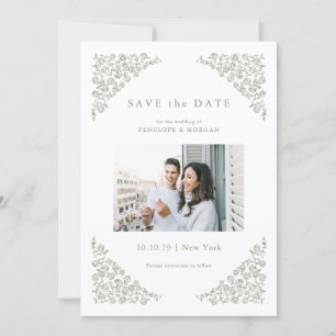 Simple Delicate Floral Timeless Sage Green Photo Save The Date