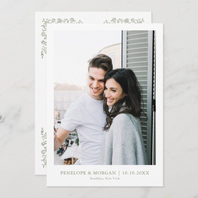 Simple Delicate Floral Timeless Sage Green Photo Save The Date (Front/Back)