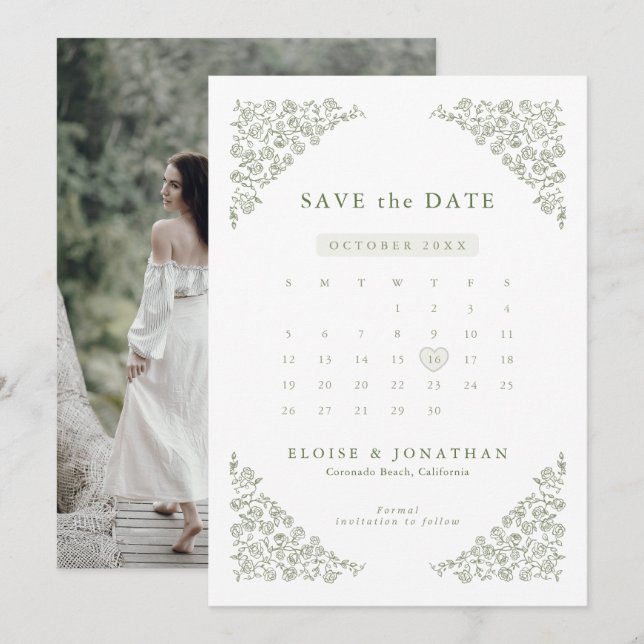 Simple Delicate Floral Timeless Sage Green  Photo Save The Date (Front/Back)