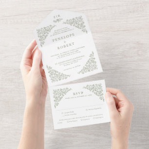 Simple Delicate Floral Timeless Sage Green Wedding All In One Invitation