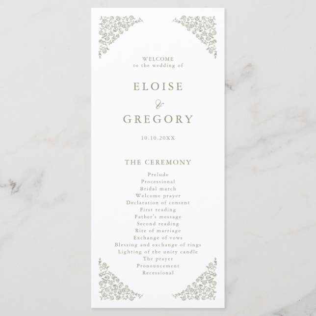 Simple Delicate Floral Timeless Sage Green Wedding Programme (Front)