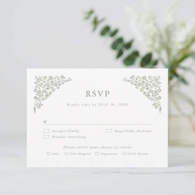 Simple Delicate Floral Timeless Sage Green Wedding RSVP Card (Standing Front)