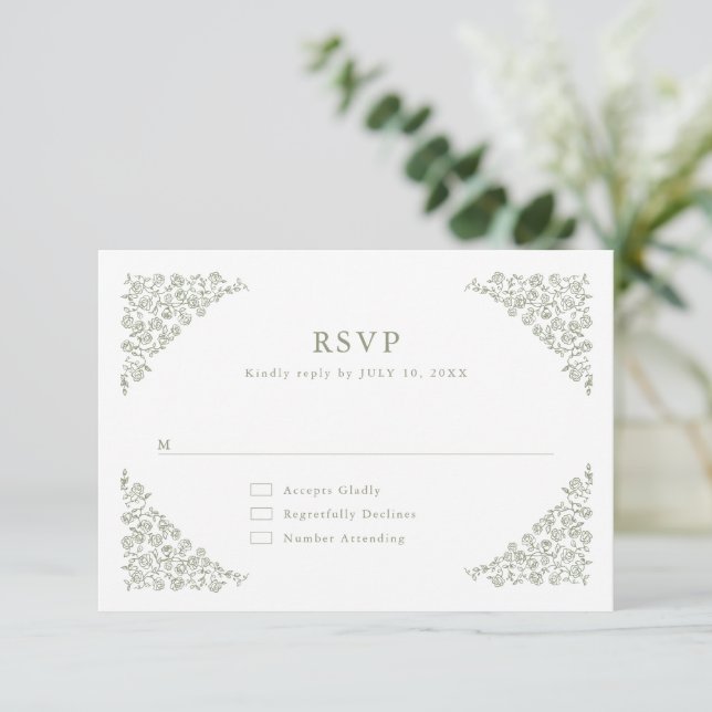 Simple Delicate Floral Timeless Sage Green Wedding RSVP Card (Standing Front)