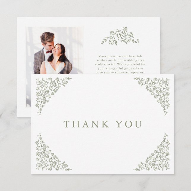 Simple Delicate Floral Timeless Sage Green Wedding Thank You Card (Front/Back)