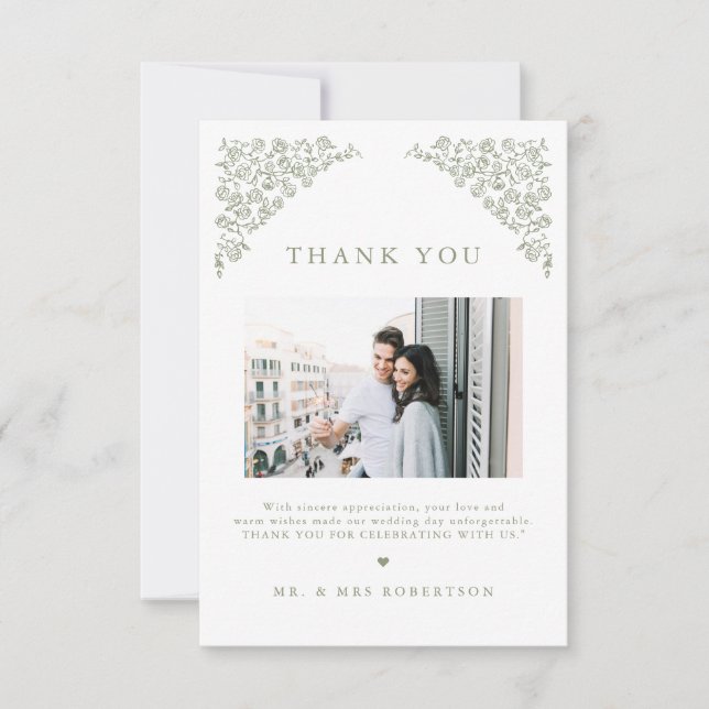 Simple Delicate Floral Timeless Sage Green Wedding Thank You Card (Front)