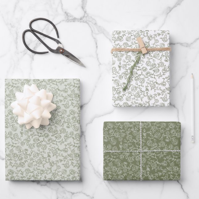Simple Delicate Floral Timeless Sage Green Wedding Wrapping Paper Sheet (Front)