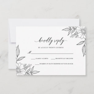 Simple Delicate Floral Wedding Black RSVP Card
