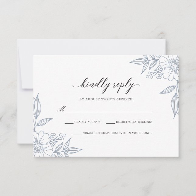 Simple Delicate Floral Wedding Blue RSVP Card (Front)